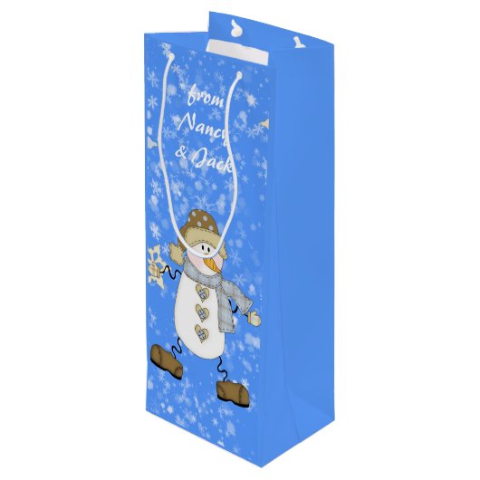 Snowman gepersonaliseerde kerst wijn cadeautas (Achterkant Gekanteld)