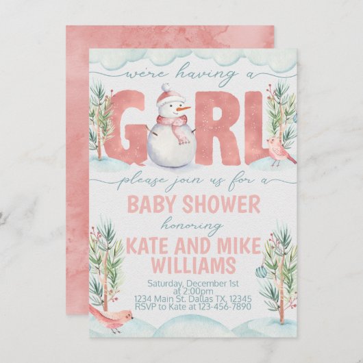 Snowman Girl Baby shower Invite Kaart (Voorkant / Achterkant)