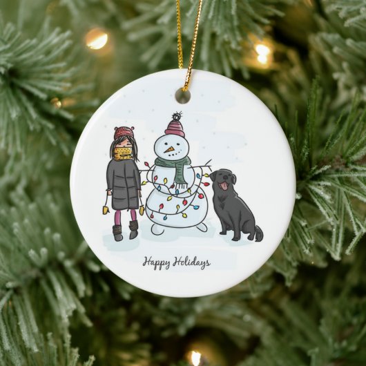 Snowman, Girl en Dog Keramisch Ornament (Boom)