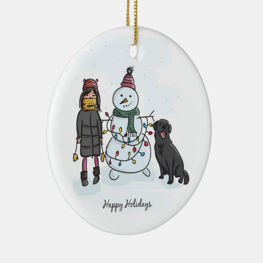 Snowman, Girl en Dog Keramisch Ornament (Rechts)