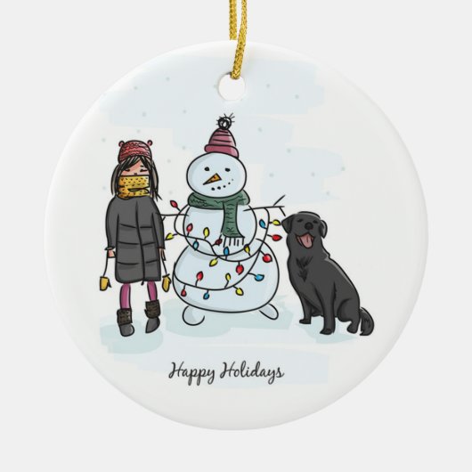 Snowman, Girl en Dog Keramisch Ornament (Voorkant)