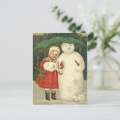 Snowman Girl Umbrella Snowfall Briefkaart (Staand voorkant)