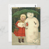 Snowman Girl Umbrella Snowfall Briefkaart (Voorkant / Achterkant)