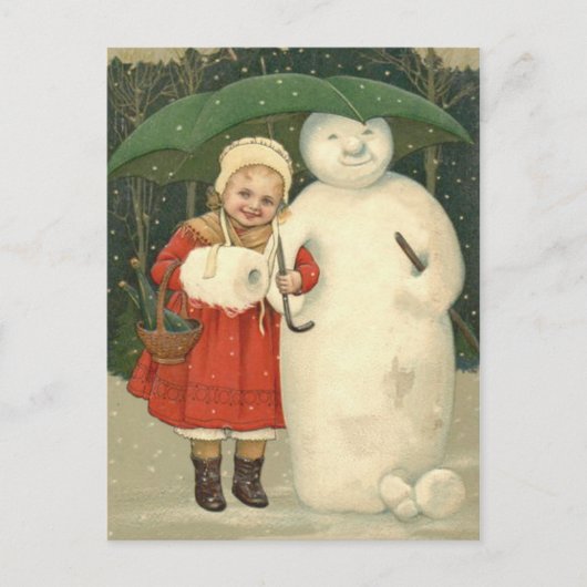 Snowman Girl Umbrella Snowfall Briefkaart (Voorkant)