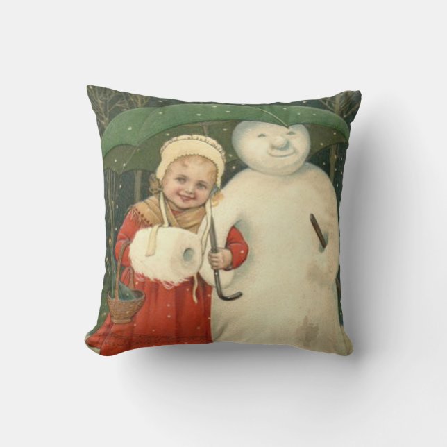 Snowman Girl Umbrella Snowfall Kussen (Voorkant)