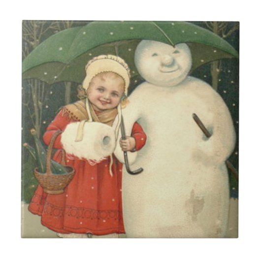 Snowman Girl Umbrella Snowfall Tegeltje (Voorkant)