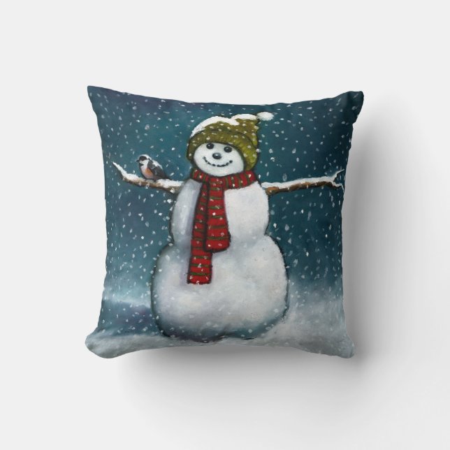 Snowman glimlachen in sneeuw: Kippen: Pastel Art Kussen (Voorkant)