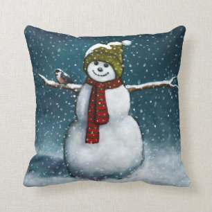 Snowman glimlachen in sneeuw: Kippen: Pastel Art Kussen