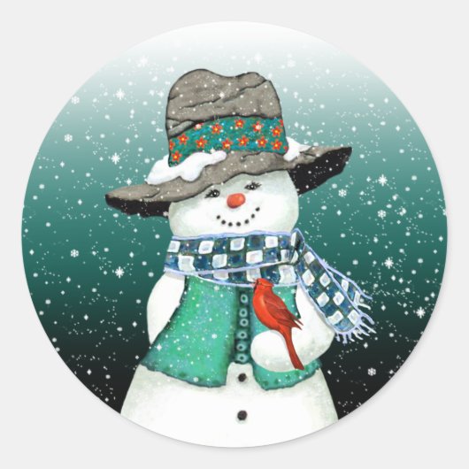 Snowman glimlachen, kardinaal in een Snowstorm Sti Ronde Sticker (Voorkant)