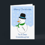 Snowman Granddochter Kerstmis Kaart<br><div class="desc">Wenskaart kleindochter kerstkaart sneeuwman ontwerp. Pas deze kerstkaart aan met een tekst naar keuze en laat deze afdrukken en naar u verzenden of download deze direct. Mocht u hulp nodig hebben bij het aanpassen, neem dan contact met ons op via de link op deze pagina. Kleindochter Kerstkaart sneeuwpop ontwerp dat...</div>