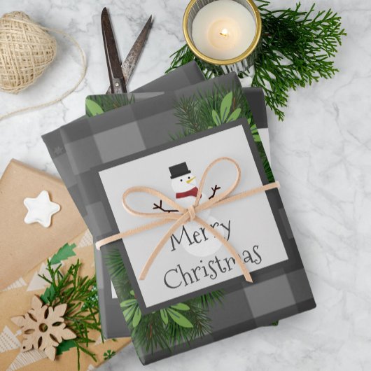 Snowman Gray Buffalo Plaid | Gray Inpakpapier Vel