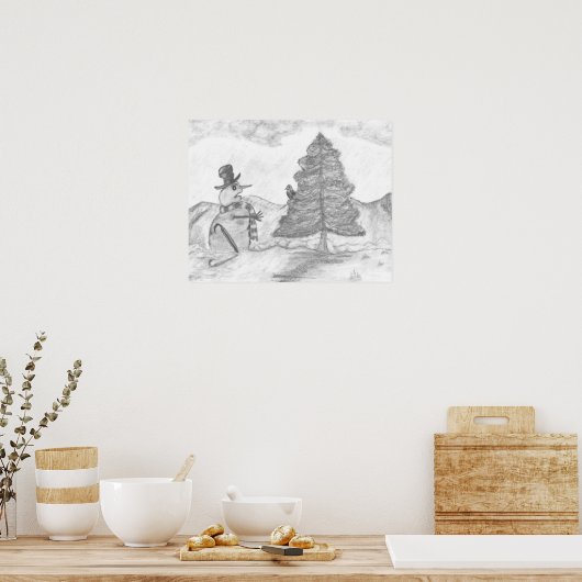 Snowman Grayscale Pencil tekenende kerst Poster (Keuken)