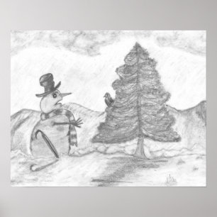 Snowman Grayscale Pencil tekenende kerst Poster