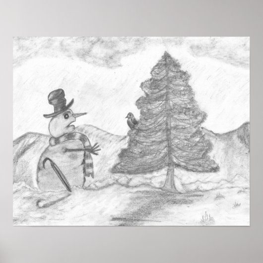 Snowman Grayscale Pencil tekenende kerst Poster (Voorkant)