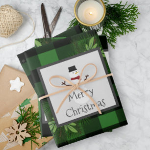 Snowman Green Buffalo Plaid   Zwart en groen Inpakpapier Vel