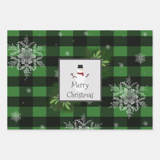 Snowman Green Buffalo Plaid | Zwart en groen Inpakpapier Vel (Voorkant 3)