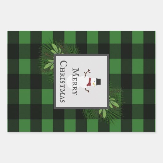 Snowman Green Buffalo Plaid | Zwart en groen Inpakpapier Vel (Voorkant 2)