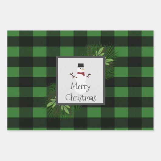Snowman Green Buffalo Plaid | Zwart en groen Inpakpapier Vel (Voorkant)