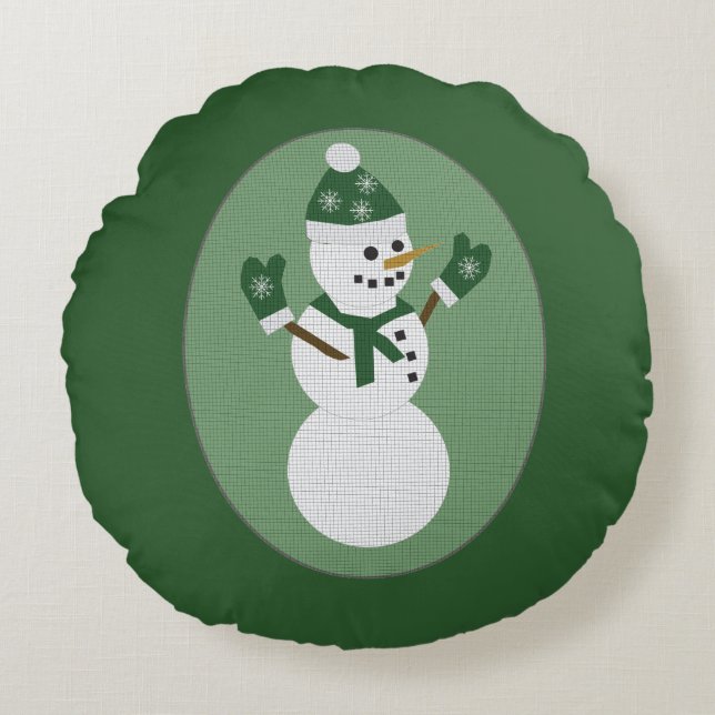 Snowman Green Christmas Rond Kussen (Voorkant)