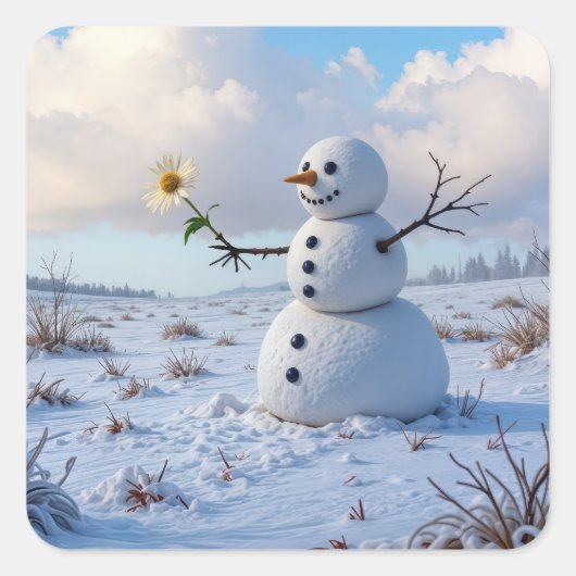 Snowman Holding a White Daisy Vierkante Sticker (Voorkant)