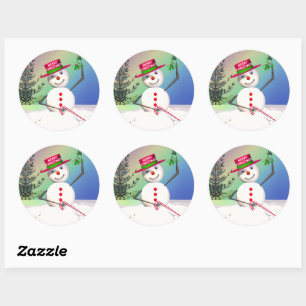 Snowman Holding Mistletoe Ronde Sticker