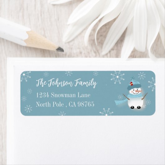 Snowman Holiday Blue Return Address Labels (Insitu)