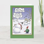 Snowman Holiday Humor, Groottezaken Feestdagen Kaart<br><div class="desc">Een grappige kerstsneeuwkaart met een humor van een sneeuwpop die door een paar sneeuwvrouwen wordt uitgelachen over de grootte van zijn wortel,  toont de sneeuwman zijn ongenoegen aan het kind dat hem heeft samengebracht. De binnenkant van de kaart luidt: "Ik wens u een superformaat.
 .
 . Vrolijk kerstfeest!"</div>