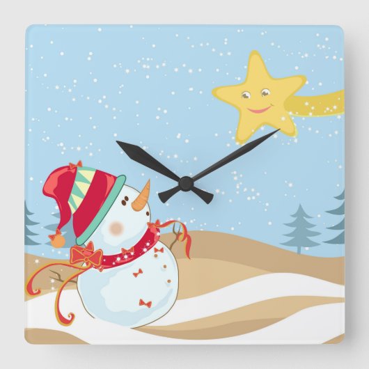 Snowman Holiday Wall Clock Vierkante Klok (Voorkant)