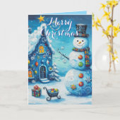 Snowman House – Whimsical Personalized Christmas G Kaart (Gele Bloem)