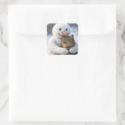 Snowman Hugging a Tabby Cat Vierkante Sticker (Tas)