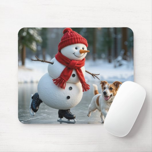Snowman Ice Skating With Dog Muismat (Met muis)