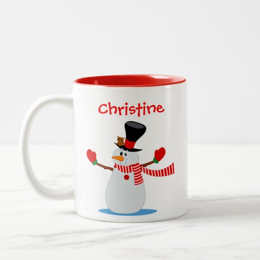 Snowman Illustration Personalized Red and White Tweekleurige Koffiemok (Links)
