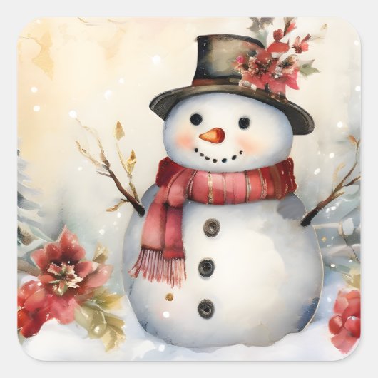 Snowman in a Black Hat Vierkante Sticker (Voorkant)