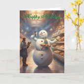 Snowman in a grocery store Happy Holidays  Kaart (Gele Bloem)