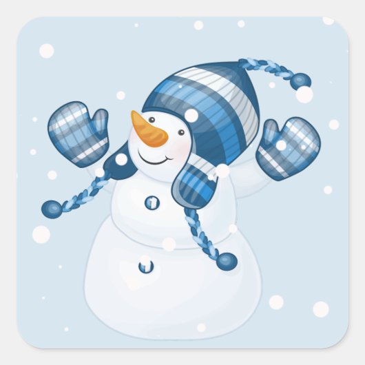 Snowman in blauw Mitts en Pet Vierkante Sticker (Voorkant)