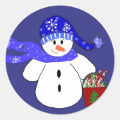 Snowman in Blauw Ronde Sticker (Voorkant)