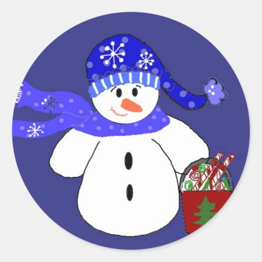 Snowman in Blauw Ronde Sticker (Voorkant)