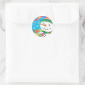 Snowman in Colorful Scarf en Stocking Pet Ronde Sticker (Tas)