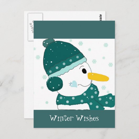 Snowman in het Blauwgroen Groen Pet en Scarf Briefkaart (Voorkant / Achterkant)