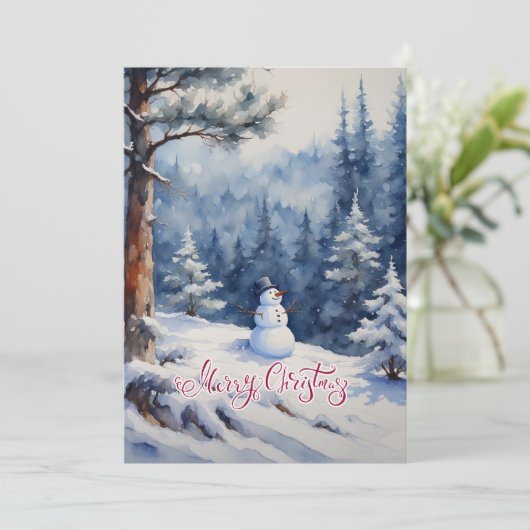 Snowman in het bos feestdagenkaart (Staand voorkant)