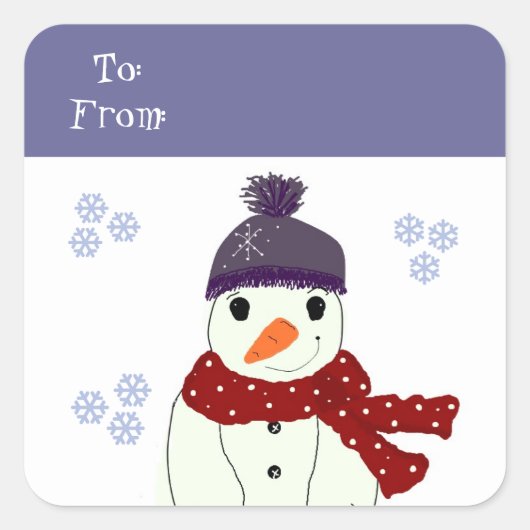 Snowman in het Paarse Pet en Red Scarf Vierkante Sticker (Voorkant)