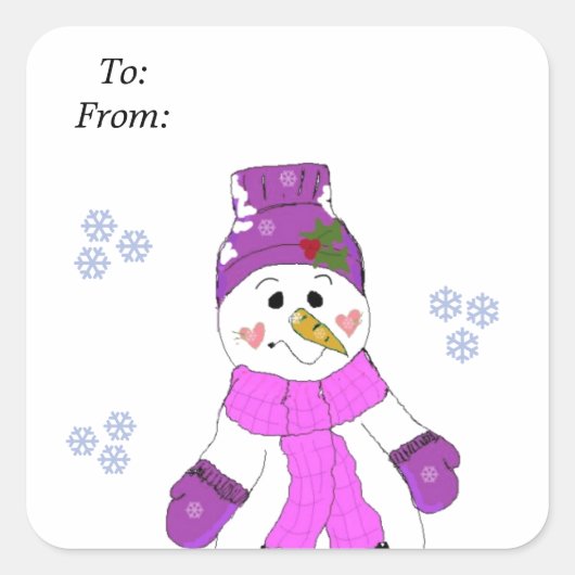 Snowman in het Paarse Pet en Scarf Vierkante Sticker (Voorkant)