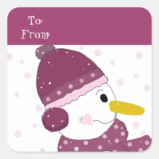 Snowman in het Paarse Pet en Scarf Vierkante Sticker (Voorkant)