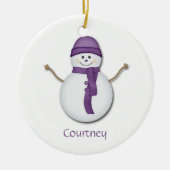 Snowman in Paarse Scarf en kerstversiering in Pet Keramisch Ornament (Voorkant)