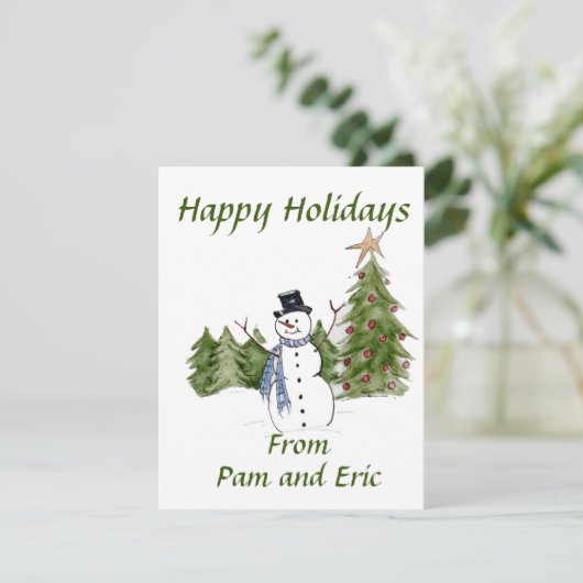 Snowman in Pine Trees geeft de Seizoensvakantie Ca Feestdagenkaart (Staand voorkant)