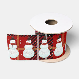 Snowman in Snowflakes Tartan Pset Satin Ribbon Satijnen Lint