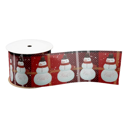 Snowman in Snowflakes Tartan Pset Satin Ribbon Satijnen Lint (Spoel)