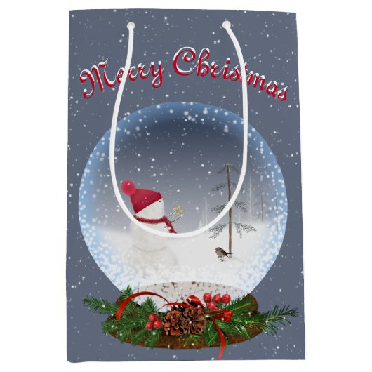 Snowman in Wereldbol met kerstinnevel Medium Cadeauzakje (Voorkant)