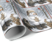 Snowman In Winter Woods With Animal Friends Cadeaupapier (Rol Hoek)