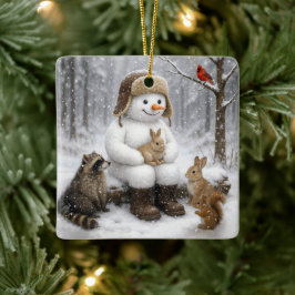 Snowman In Winter Woods With Animal Friends Keramisch Ornament